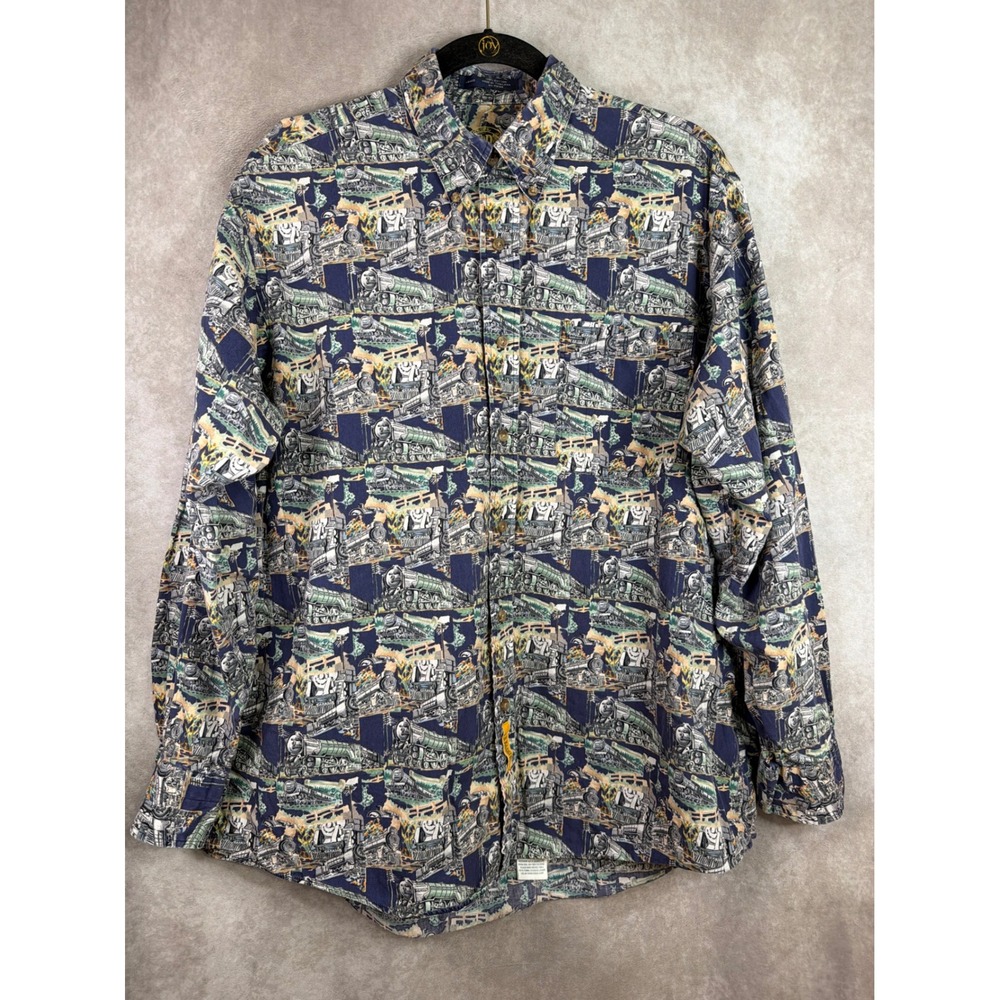 BD Baggies Button Down Shirt Men Large Navy Locomotive Steam Engine Train Print